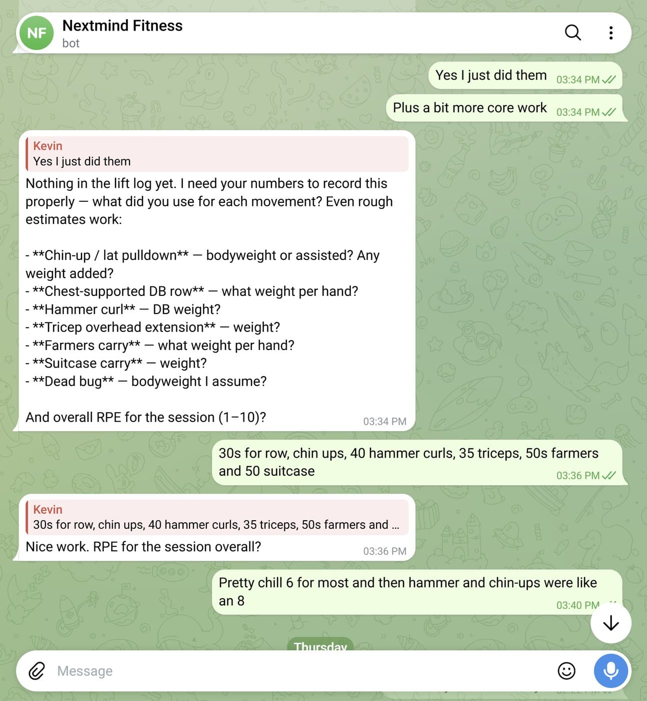 A text conversation with the AI coach logging a strength session and asking for weights and effort